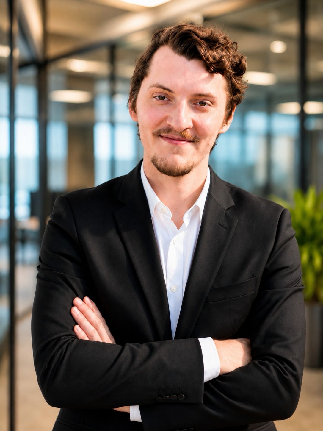 Image of Fabian Struck standing in modern office setting and posing for headshot; newspaper boy to CEO