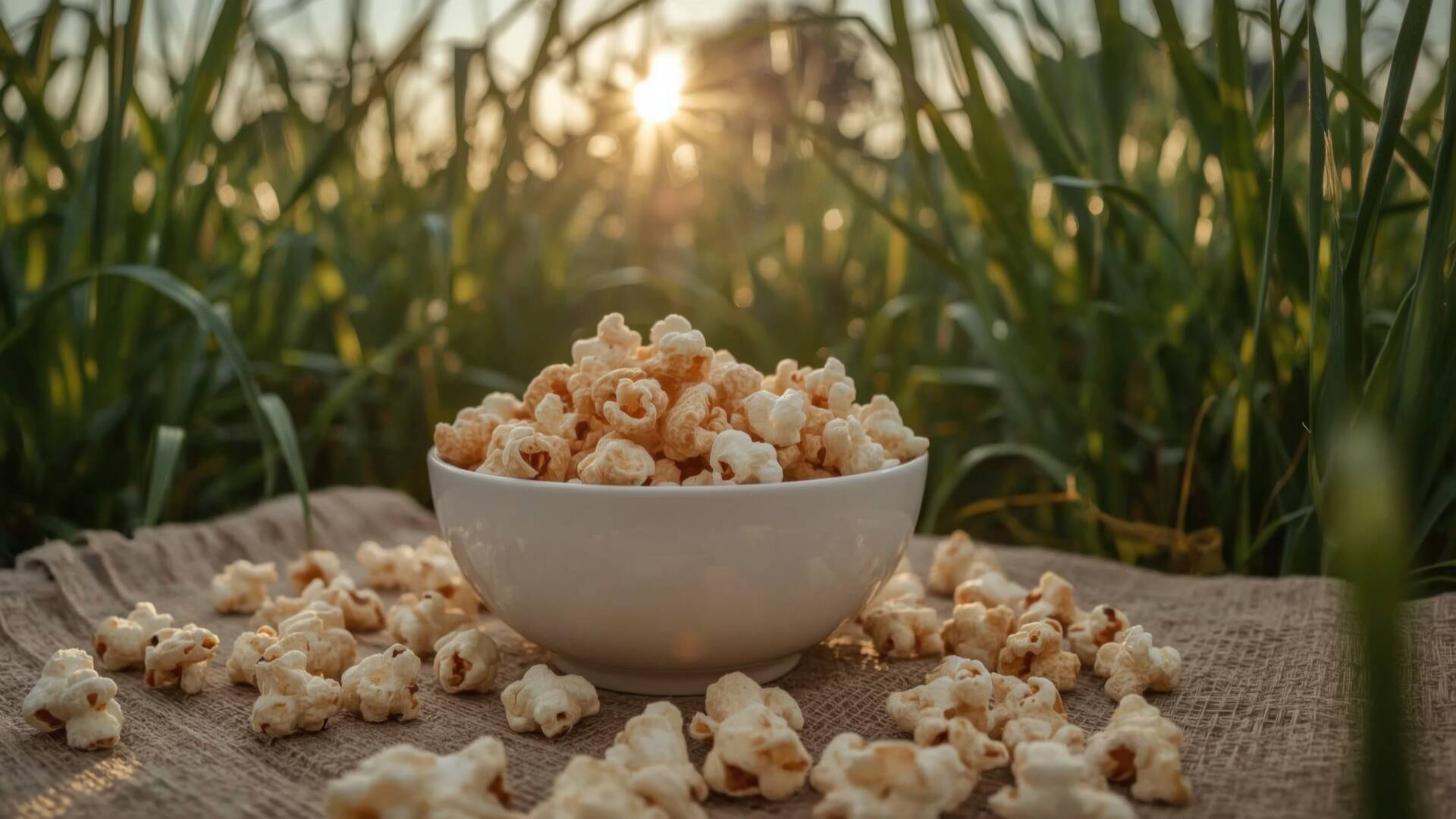 fresh popcorn in a bowl and spilling over the edge;